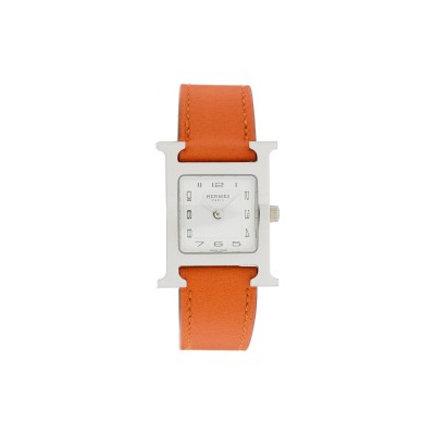 HERMES STAINLESS STEEL SWIFT 21MM HEURE H HOUR QUARTZ WATCH ORANGE 1671952